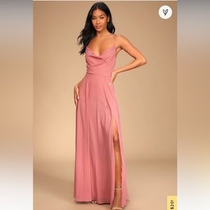 Lulu’s Romantically Speaking Rose Pink Cowl Lace-Up Maxi Dress